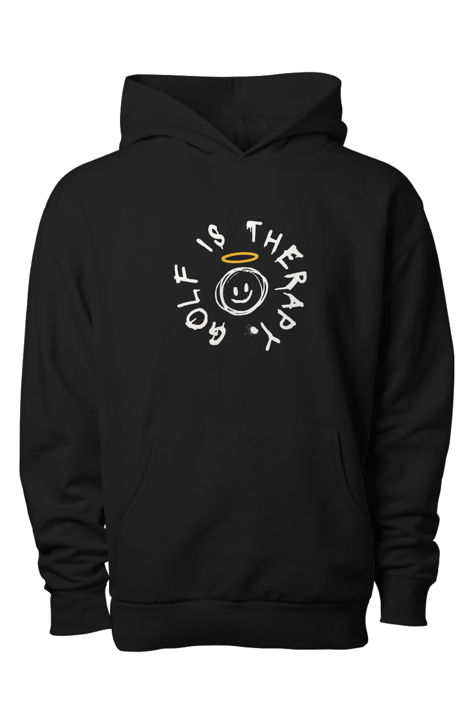 Golf Is Therapy Smiley LUX Heavyweight Hoodie Black NEW
