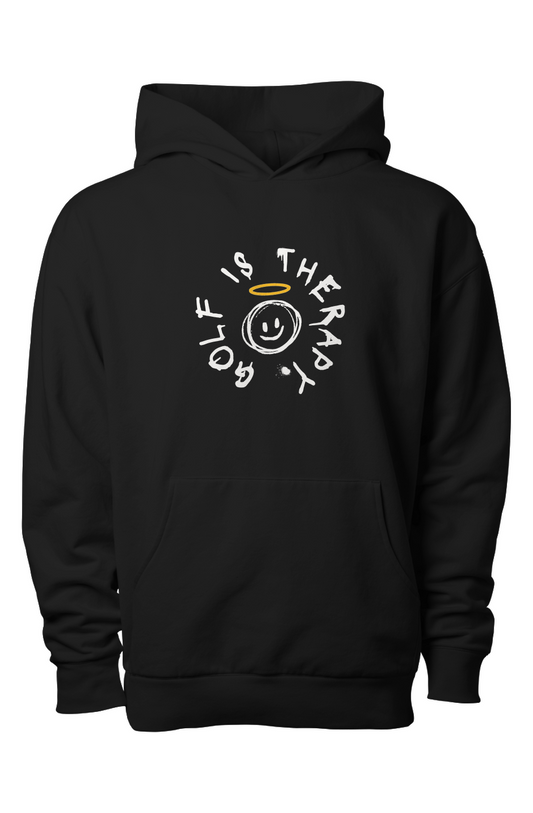 Golf Is Therapy Smiley LUX Heavyweight Hoodie Black NEW